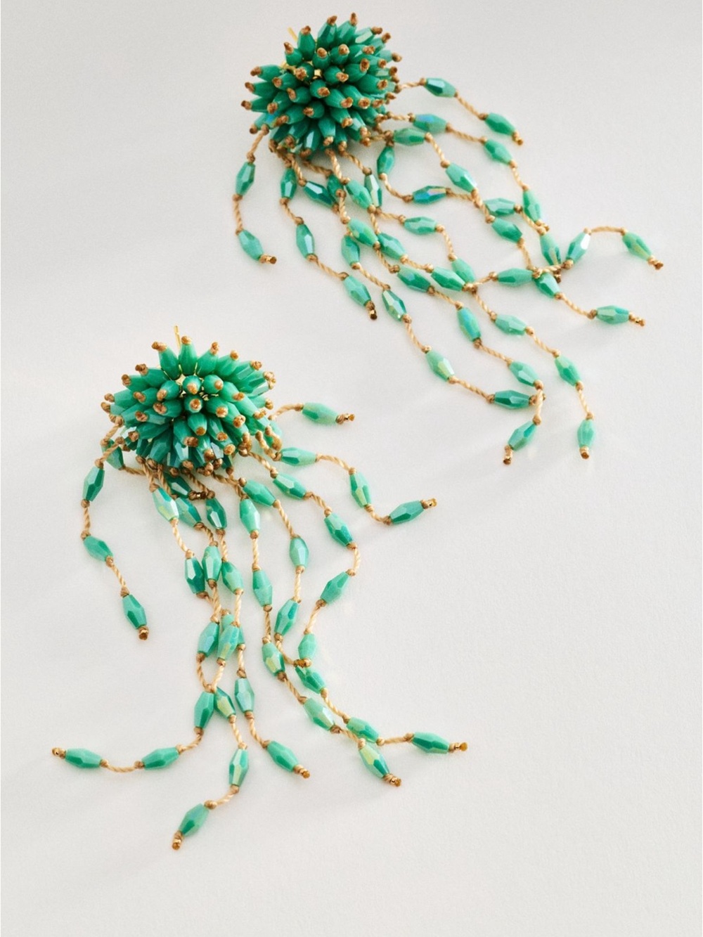 Anthropologie Beaded Fringe Statement Earrings Teal
